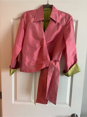 Pink Wrap-Front Women's Jacket with Green Accent